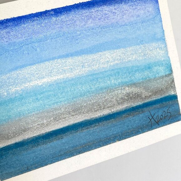 Ocean Blue Original Iridescent Watercolor Painting 4x5in Black Frame Desk Art - Picture 4 of 6